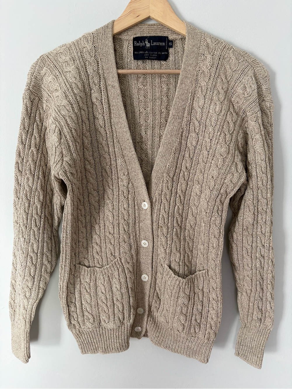 Ralph Lauren Women’s S Linen Cotton Cable Knit Cardigan Beige V Neck Pockets